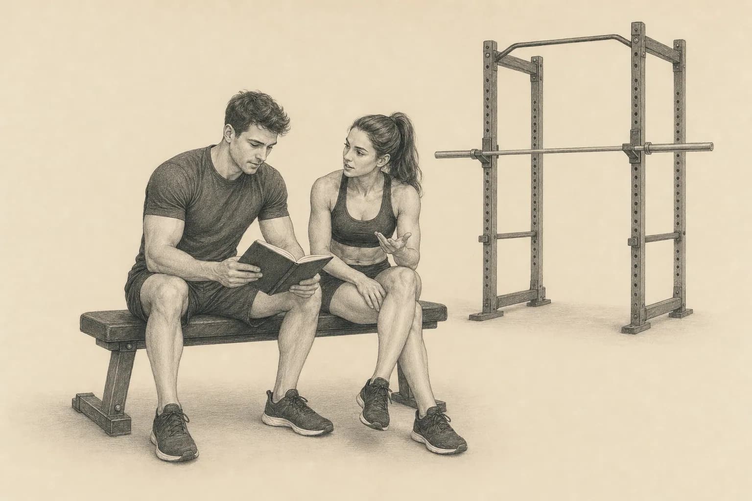 Pencil illustration of two adult trainees planning their lifting sessions with a notebook.