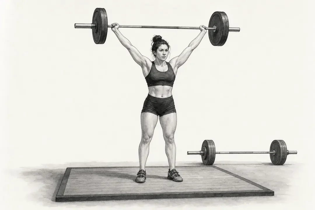 Pencil illustration of an athletic woman holding a barbell overhead on a wooden lifting platform.