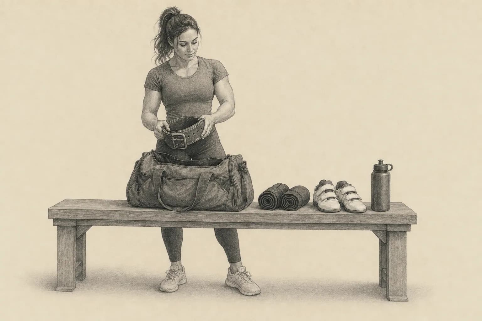 Pencil illustration of a woman packing a lifting belt and training equipment into her gym bag.