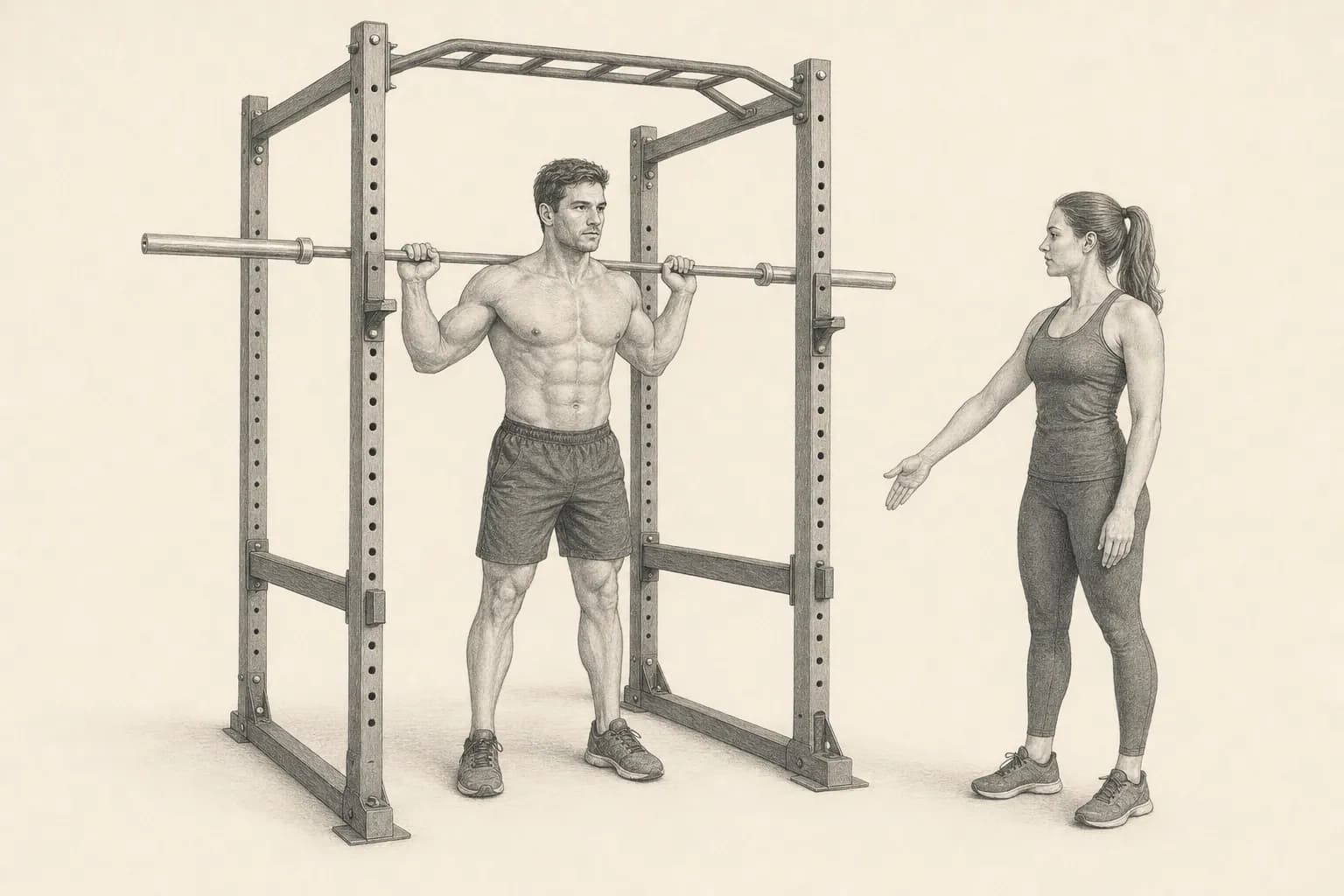 Pencil illustration of a lifter rehearsing a squat start position while a partner gives a practice cue.
