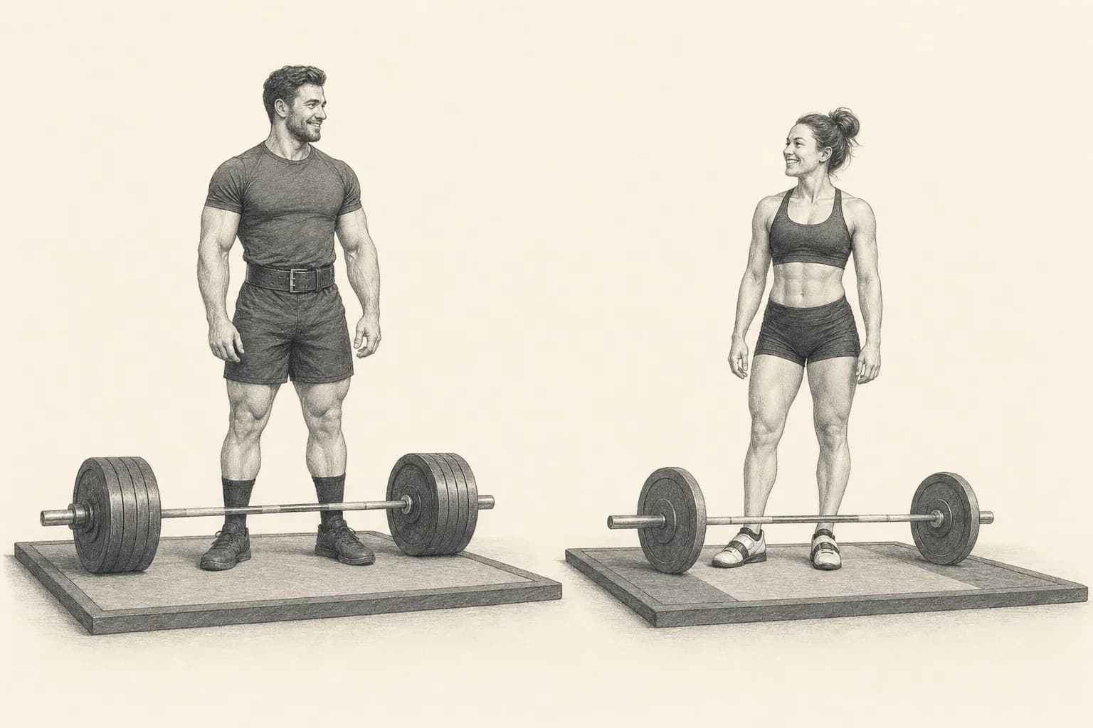 Pencil illustration of two athletes beside separate barbells on neighboring lifting platforms.