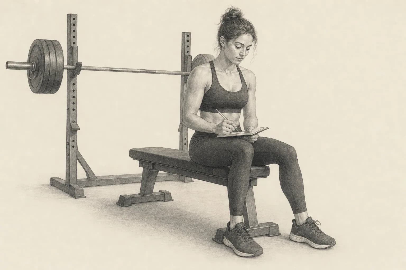 Pencil illustration of a woman recording a training set in a notebook while resting on a bench.