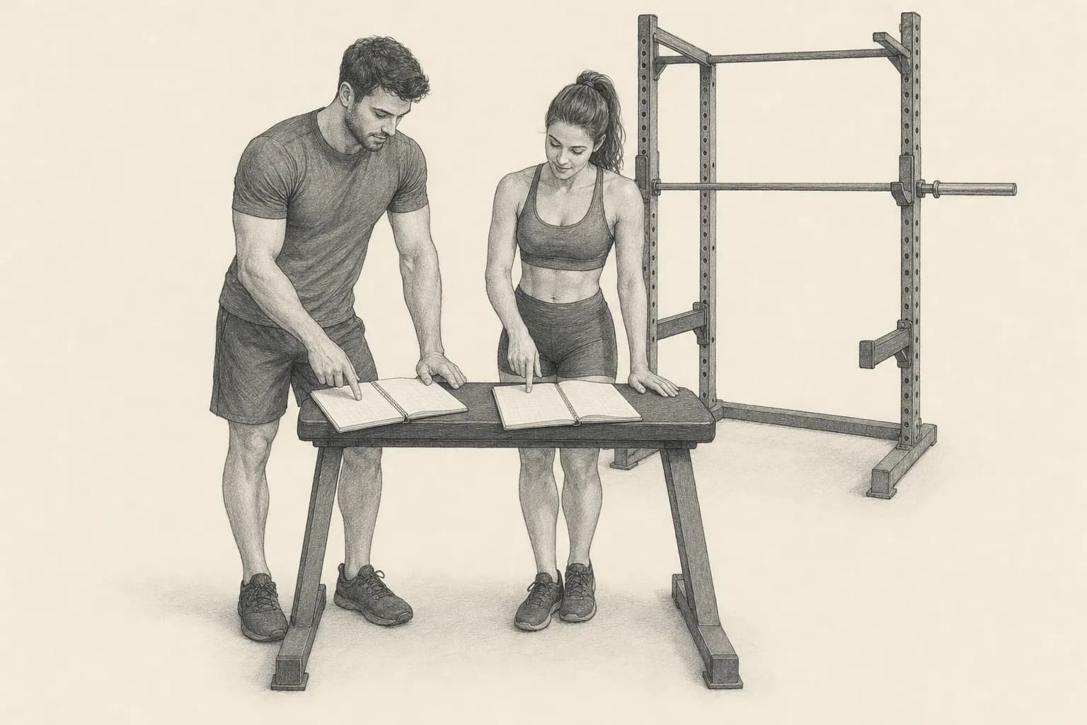 Pencil illustration of two trainees comparing their open training notebooks.
