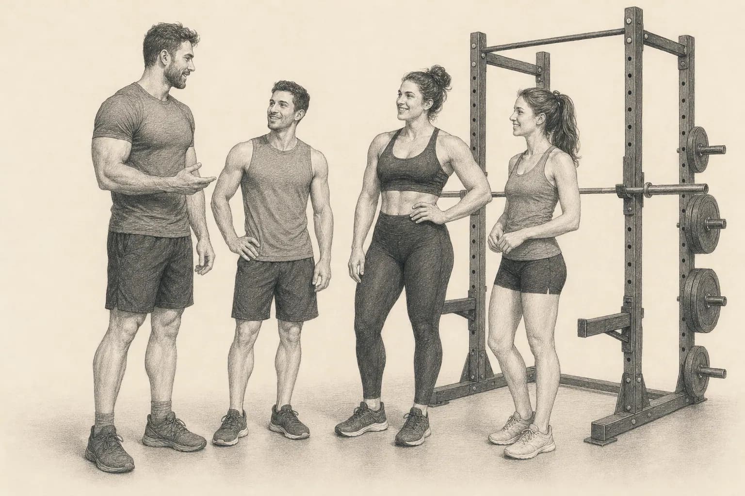 Pencil illustration of four adult lifters with different builds talking beside an empty rack.