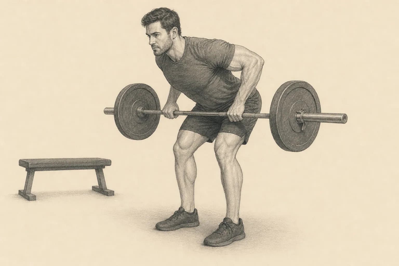 Pencil illustration of a muscular man rowing a barbell from a controlled hip hinge.