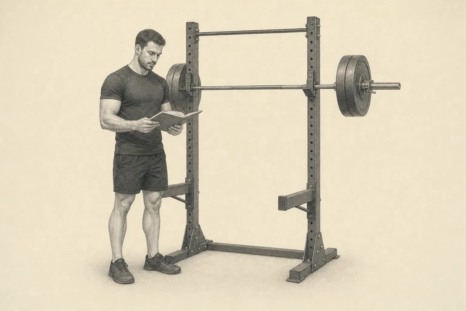 Pencil illustration of a man reviewing his training notebook beside a securely racked barbell.