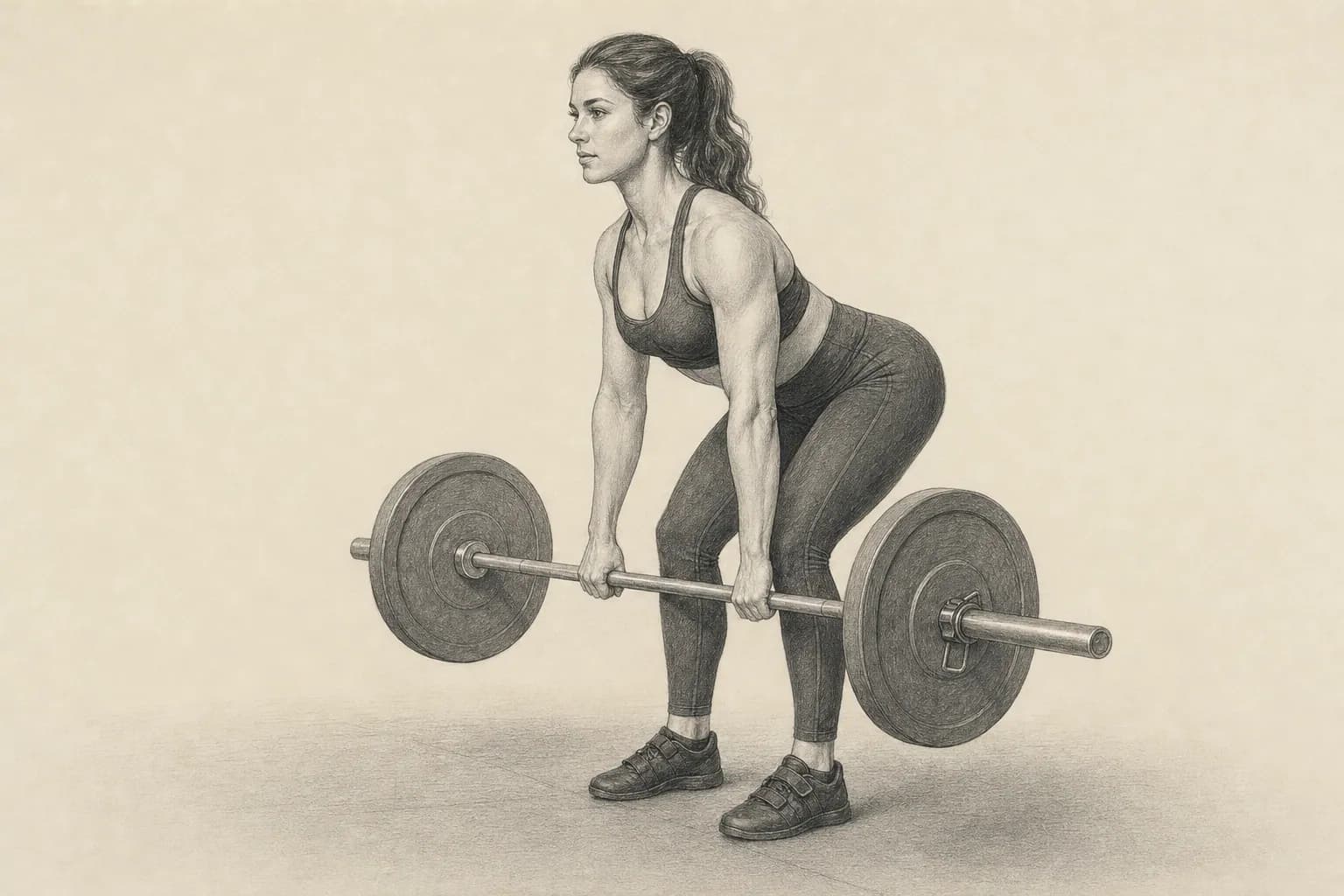 Pencil illustration of a woman holding a barbell close to her legs during a Romanian deadlift.